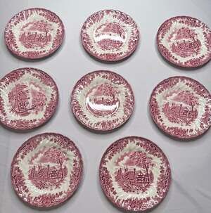Churchill England Rose Pink Scenic Cottage Plates 7 in Set of 8 Microwave Safe